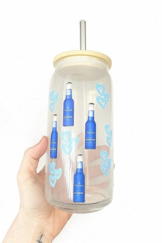 Blue Heart Glass Can Cup with Bamboo Lid & Straw