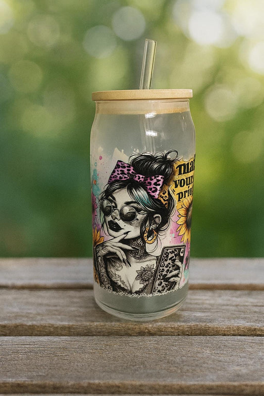 Butterfly Sunflower Glass Tumbler with Bamboo Lid & Straw: Iced Coffee Cup